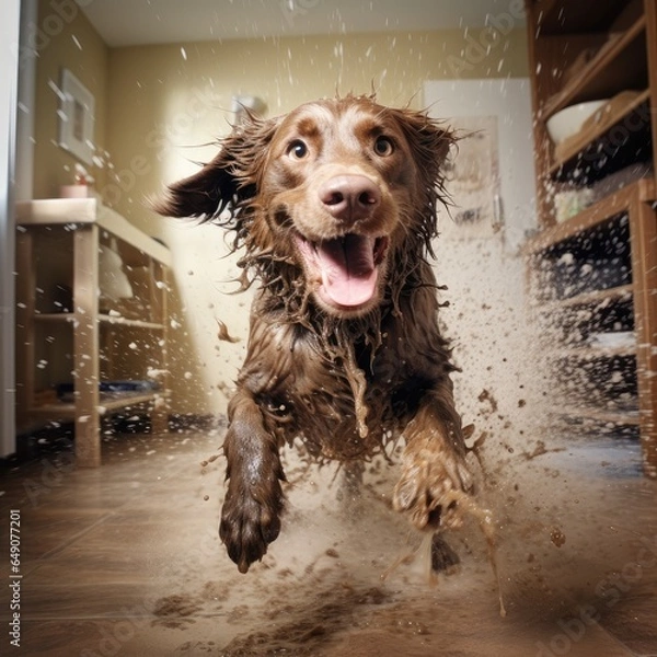 Fototapeta A dog shaking off mud and water in a clean room, sending water and mud flying everywhere,  Generative AI