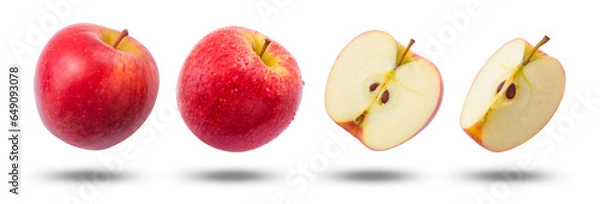 Obraz Flying red apple with apple has water drop and slices collection isolated on white background.
