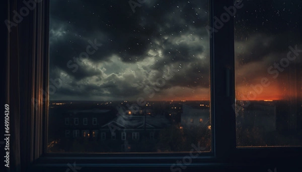 Fototapeta Window view of city with rain droplets