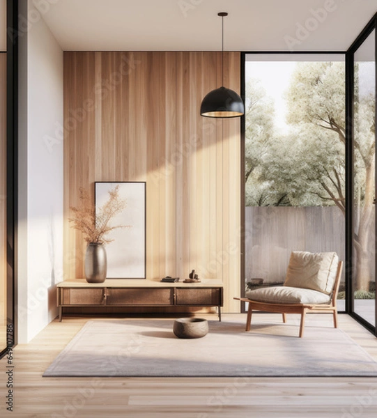 Fototapeta Luxury living room interior composition with a paneled wall, a sofa a window next to them.