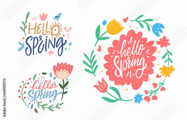 Fototapeta Hello Spring lettering phrases set.