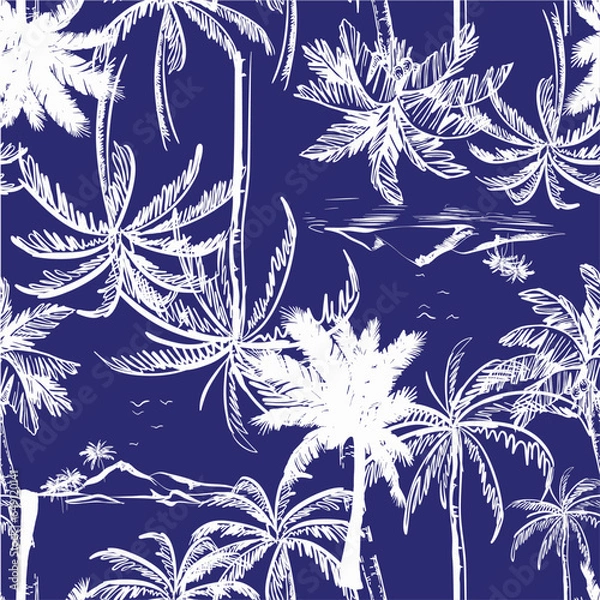 Fototapeta Seamless pattern with palm trees. Stylish summer background. Drawing by hand.Navy color body , juicy and fresh.