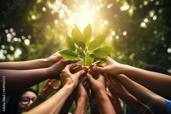 Fototapeta Plants, sustainability and the earth in the hands of business people for teamwork, support or environment Collaborating, growing, and investing in people and the soil for the future.