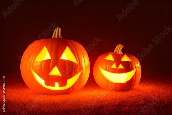 Fototapeta Halloween 2025, Spooky Smiling Jack O Lantern on Halloween Night - 2025 Banner style, Fun Scary Jack O Lantern Pumpkin smiling like Devil, Spooky Horror October