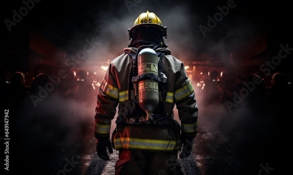 Fototapeta firefighter man confronts fire, ai generative