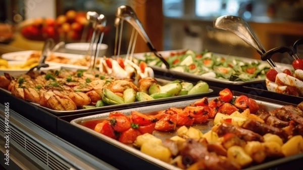 Fototapeta Indoor Restaurant Catering Buffet with Colorful Meats, Fruits, and Vegetables