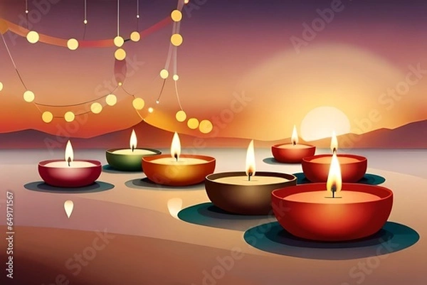 Fototapeta A serene and peaceful illustration featuring a collection of lit candles casting a warm glow, surrounded by decorative lights and adorned with flower garlands
