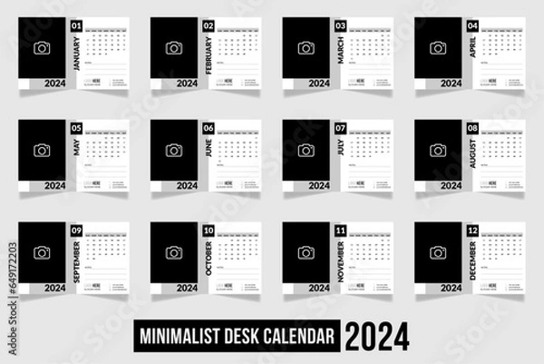 Fototapeta Minimalist Trendy Desk Calendar Design 2024. Set of 12 Pages Table Calendar. Black and White Vector Calendar Design for Print Template.