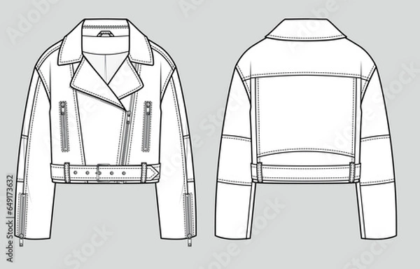 Fototapeta Leather biker jacket. Fashion sketch. Flat technical drawing. Vector illustration.