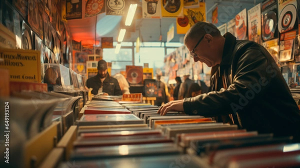Fototapeta Grindhouse, seventies crate diggers, record music vinyl retro, record crates, digggin in a record store - Generative AI
