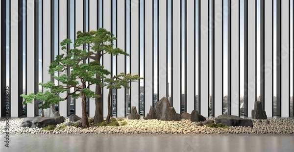 Obraz bonsai tree and stone on a white background. 3d rendering