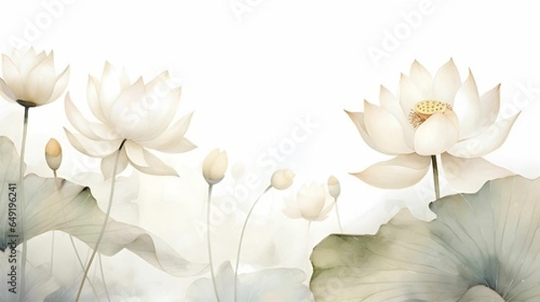 Fototapeta Delicate and minimalist white lotus flowers with subtle leaves, on white background, seamless pattern texture. Floral background.