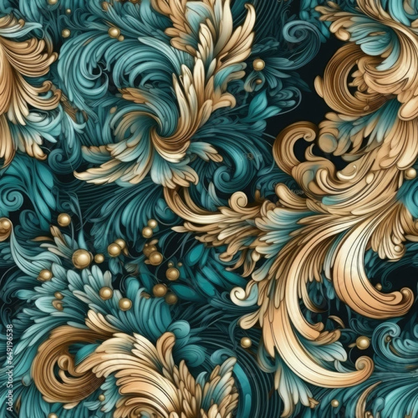Obraz Natural embroidery fantasy rococo flowing seamless pattern, AI Generated