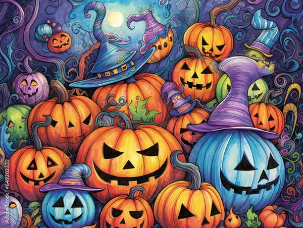 Obraz Color drawing of pumpkins in hats for halloween