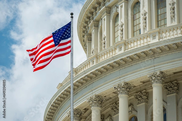 Obraz Washington DC Capitol dome detail with waving american flag