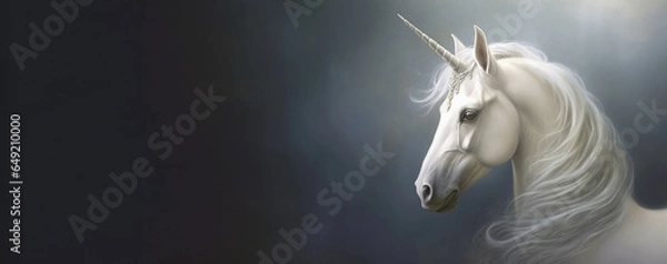 Obraz white unicorn portrait, panoramic layout. Generative Ai