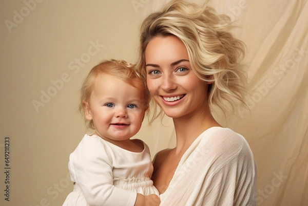 Fototapeta Studio portrait of beautiful woman mother holding her baby smiling on different colours background