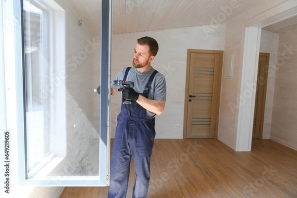 Fototapeta The worker installing and checking window in the house. Concept of new modular houses.