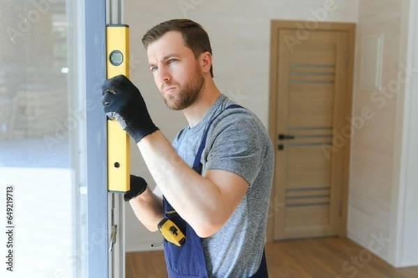 Fototapeta The worker installing and checking window in the house. Concept of new modular houses.