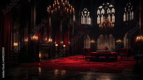 Fototapeta Vampire Dracula castle interior, victorian red furnitures. Halloween concept. Generative AI