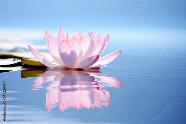 Fototapeta A lotus petal gently falling onto a serene pond with a reflection of a clear blue sky, symbolizing the love and creation of grace and the elegance of transitions, love and creation