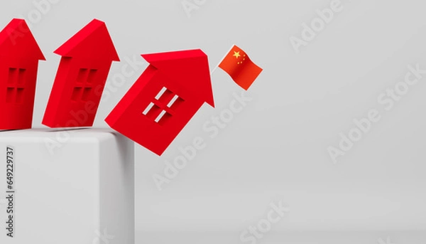 Obraz Symbol of red houses with the China flag falling down.Real estate market recession. The housing market dropped and the dominos fell down. 3D render illustration.