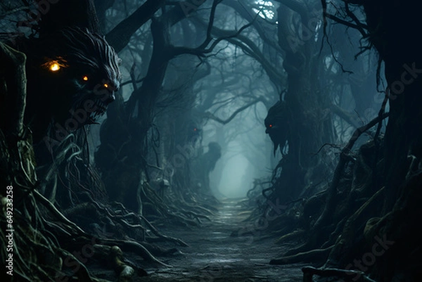 Fototapeta Illustration of a misty forest path with gnarled trees and glowing eyes peering from the darkness, evoking a spine - chilling journey into the unknown.Generative Ai