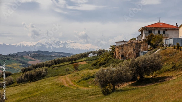 Fototapeta View from a hill in the city of Pineto, Italy, to the Apennine Mountains. picturesque Italian hills and snowy mountains on the horizon.