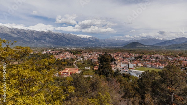 Fototapeta Beautiful view from the hill of the town of Rayano - a commune in Italy, located in the Abruzzo region, subordinate to the administrative center of L’Aquila