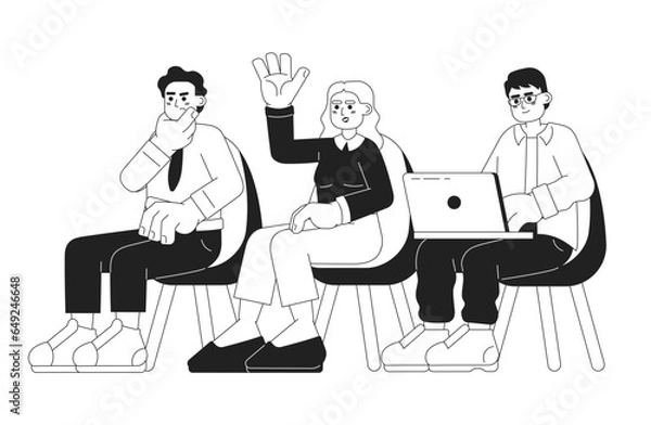 Fototapeta Participating in seminar black and white cartoon flat illustration. Diverse people lecture participants linear 2D characters isolated. Class training course, diversity monochromatic scene vector image