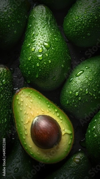 Fototapeta Fresh avocado with drops of water top down view