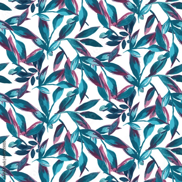 Obraz Watercolor seamless leaf purple blue repeat pattern