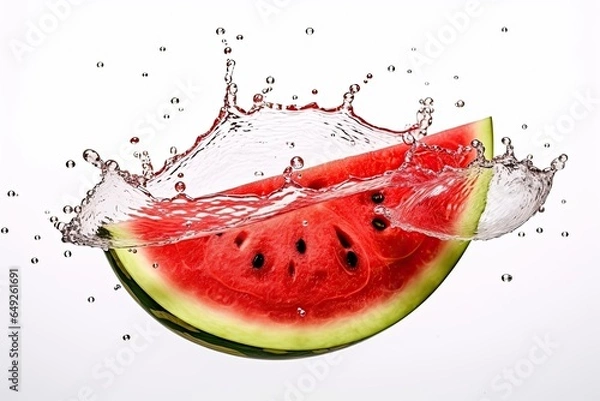 Fototapeta Tasty watermelon fruit with water splash isolated on white background. Fresh summer fruit. Generative AI