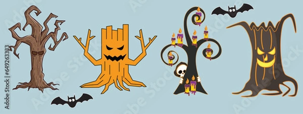 Fototapeta Scary Halloween Trees Clipart Set with Bats and Pumpkins Halloween Background Spooky Season Graphics, Creepy Halloween Tree Bundle