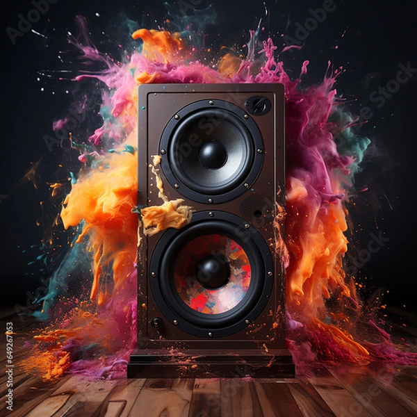 Fototapeta Powerful music concept. Musical speaker in multi-colored smoke. AI generation..