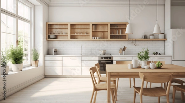 Obraz Empty minimalist kitchen with scandinavian style with wooden and white details, luxury kitchen interior in white tone