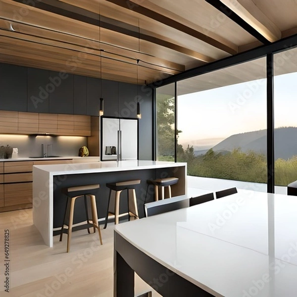Fototapeta modern kitchen interior with beautiful view generative Ai