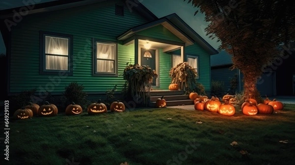Fototapeta Halloween Decorations Outside a House. A Nighttime Display in Spooky Red Hues