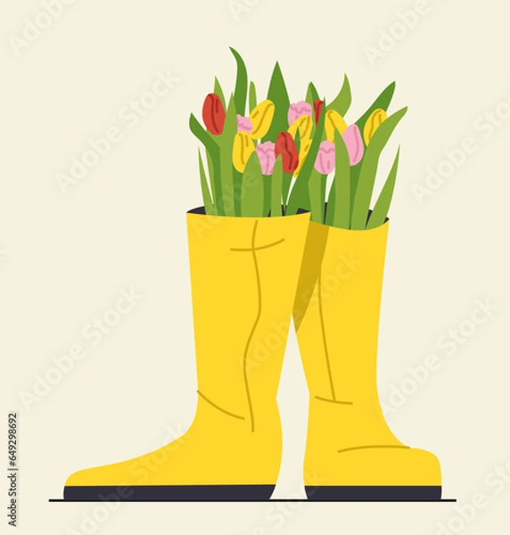 Fototapeta Flowers in wellies concept. Yellow rubber boots with bouquet. Aesthetics and elegance. Sticker for social networks and messengers. Cartoon flat vector illustration isolated on yellow background