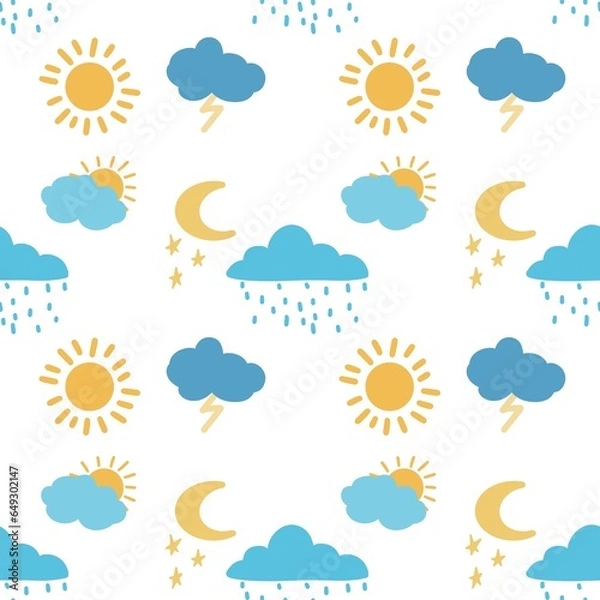Obraz Pattern of painted weather clouds sun rain lightning star and moon for designing clothes, t-shirts, fabric, gifts, packaging