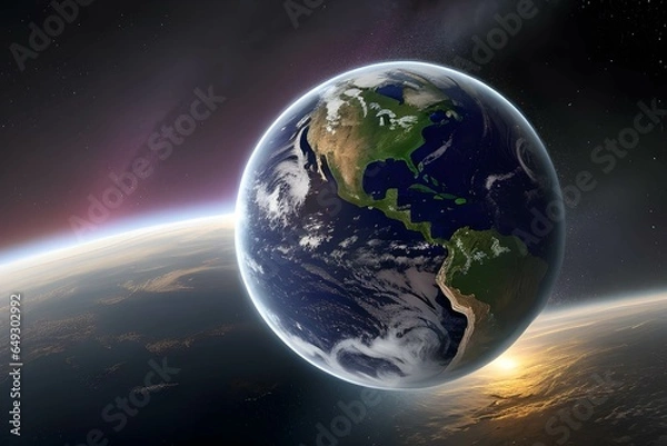 Fototapeta 星々がちりばめられた宇宙から見た壮大な地球、太陽の光が地球を照らす