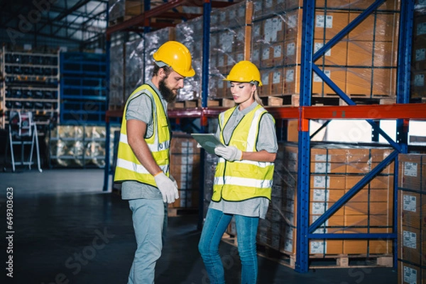 Fototapeta Warehouse worker logistic team wearing hard hat working in aisle between tall racks with packed goods warehouse for industry business of import, export delivery to global market, shipping management
