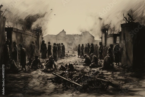 Obraz Dark WWII prison camp with prisoners as silhouettes illustration (1939-1945)