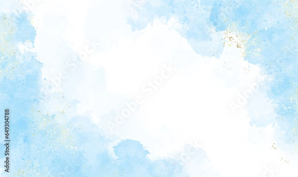 Obraz Abstract watercolor or alcohol ink art blue background with golden crackers. Pastel blue marble drawing effect. llustration design template for wedding invitation,decoration, banner, background. Png