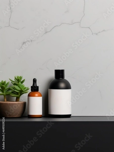 Fototapeta Mockup of cosmetic product with decorations and blank label 3D style isolated on background
