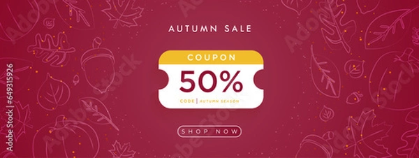 Fototapeta 
Autumn Sale 50% Coupon Discount template banner with space for code. Pattern of hand drawn autumn design elements. Online Voucher layout with shop now button.  Vector Illustration.
