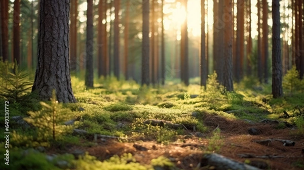 Fototapeta Nordic Pine Forest w wieczornym świetle. Krótka głębokość pola.