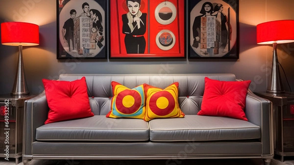 Fototapeta Charcoal Gray Sofa with Pop Art-inspired Bright Red Pillows in a Retro Lounge