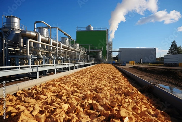 Obraz bioenergy plant utilizing organic waste to produce biogas for heating and electricity, reducing greenhouse gas emissions.