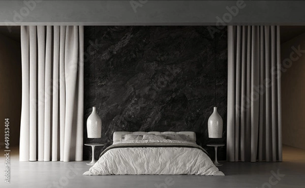 Fototapeta 3d rendering of modern bedroom with with a soft bed,hanging clay lamp, concrete floor. Texture of a plastered dark wall. Imitation of the texture of stone and cement on the wall. Decorative curtains 